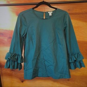 J. Crew- green ruffle sleeve blouse